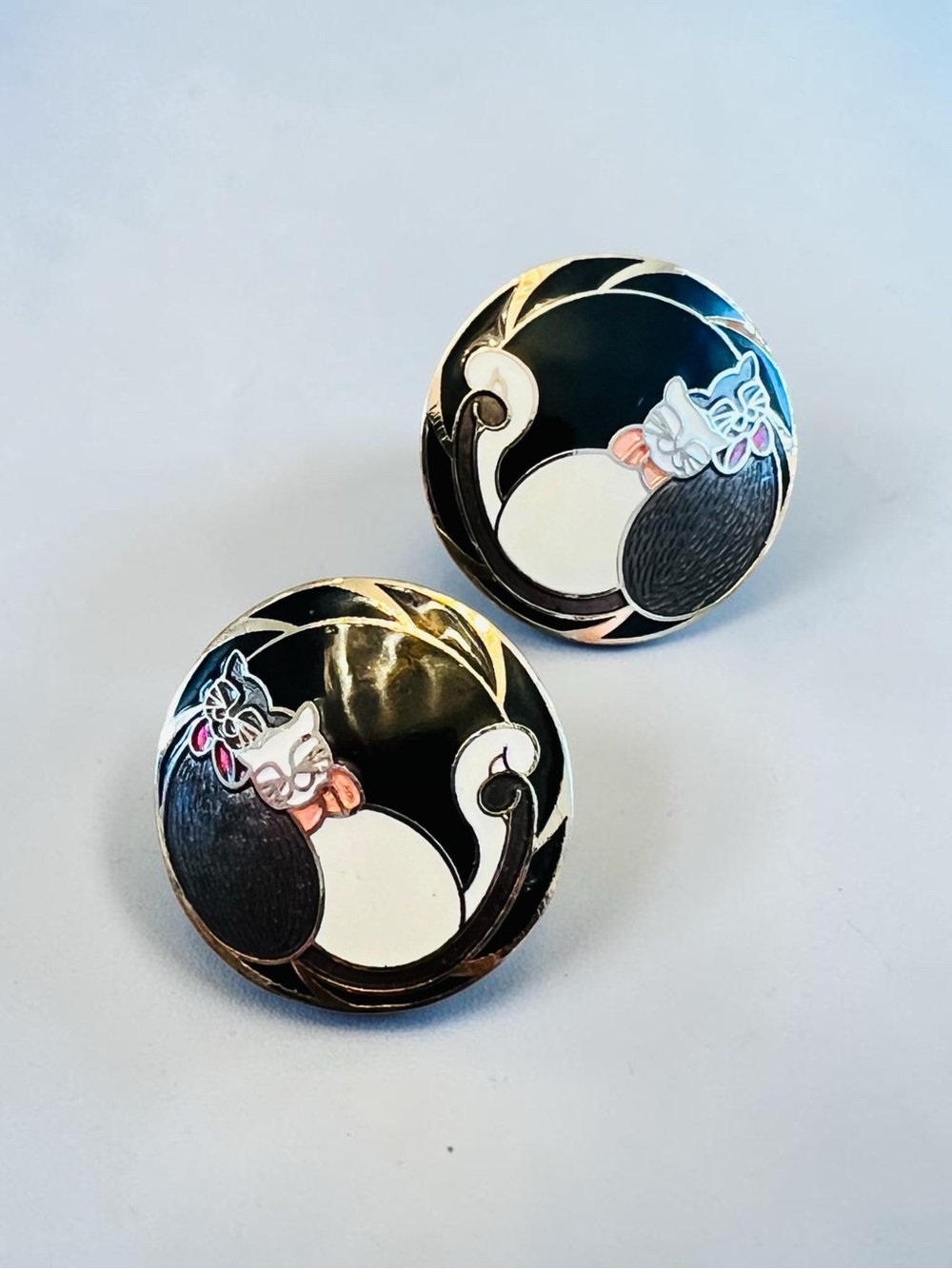 Cloisonné Black & White Cat Enamel Post Back Earrings